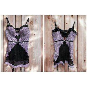 Fredrick’s Of Hollywood Lace Sheer Boned Bustier Babydoll With Garters Lingerie